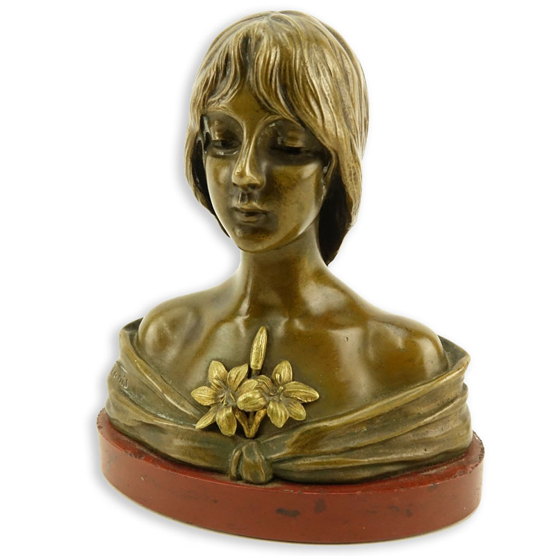 Emmanuel Villanis, French (1858 - 1914) Bronze Sculpture on Marble Base, Female Bust with Edelweiss. 