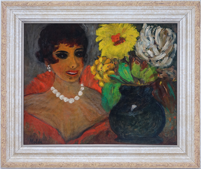 Emil Nolde, German (1867-1956) Oil on Panel, Woman with Flowers. Signed lower left. Very good condition. 