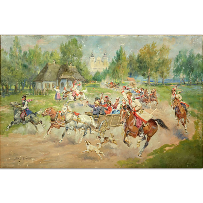 Jerzy Kossak, Polish (1886 - 1955) Oil on canvas "Ride To The Feast". 