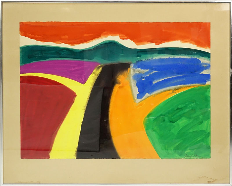 David Hayes, French/American (1931 - 2013) Watercolor on Paper, Abstract Landscape in Orange, Yellow, Green, Magenta, and Black, Signed Lower Right and Dated 1971.
