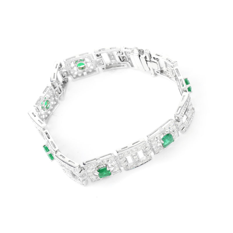 Art Deco style Approx. 4.10 Carat Emerald, 4.80 Carat Round Brilliant Cut Diamond and 18 Karat White Gold Bracelet. 