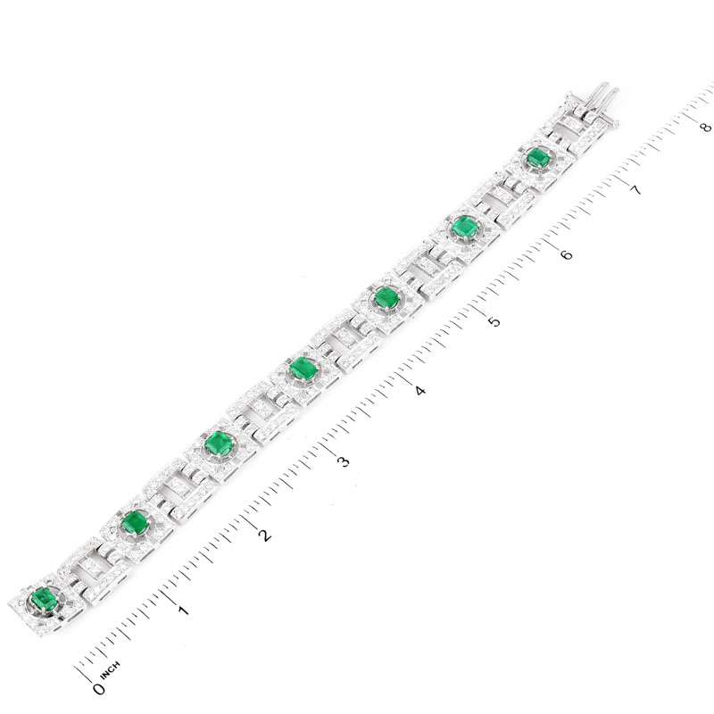 Art Deco style Approx. 4.10 Carat Emerald, 4.80 Carat Round Brilliant Cut Diamond and 18 Karat White Gold Bracelet. 