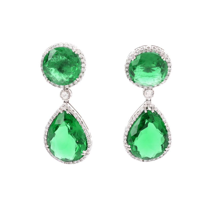 Approx. 27.0 Carat TW Pear Shape Green Quartz, 1.80 Carat Diamond and 14 Karat White Gold Pendant Earrings.