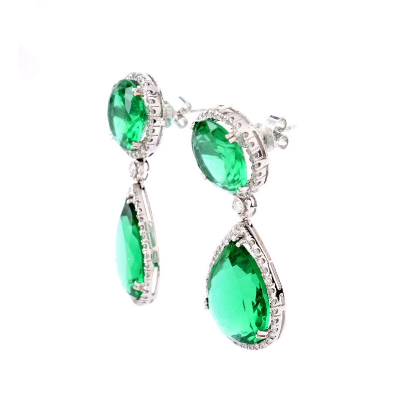 Approx. 27.0 Carat TW Pear Shape Green Quartz, 1.80 Carat Diamond and 14 Karat White Gold Pendant Earrings.