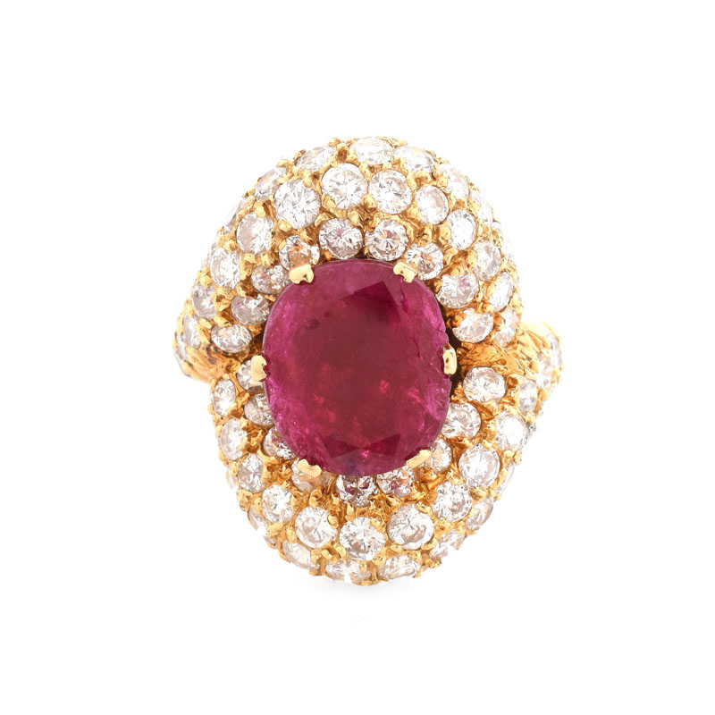 Vintage Approx. 4.0 Carat Pave Set Round Brilliant Cut Diamond, 4.50 Carat Oval Cut Ruby and 18 karat Yellow Gold Ring. 