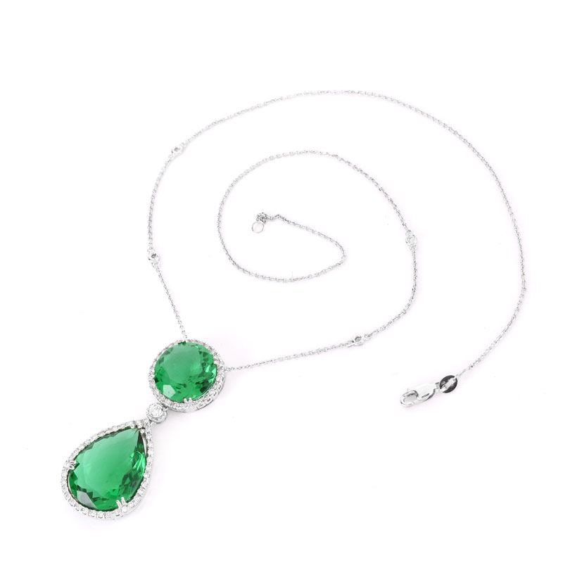 Approx. 18.0 Carat TW Pear Shape Green Quartz, 1.01 Carat Diamond and 14 Karat White Gold Pendant Necklace.