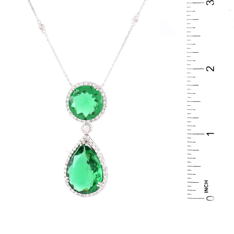 Approx. 18.0 Carat TW Pear Shape Green Quartz, 1.01 Carat Diamond and 14 Karat White Gold Pendant Necklace.