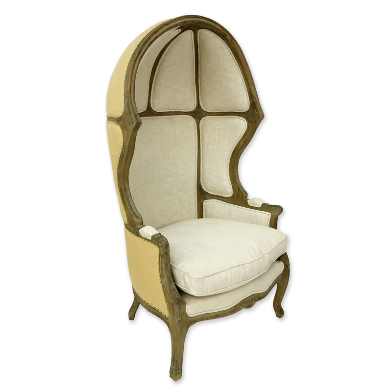 Louis XV Style Versailles Carved Oak, Burlap Backed and Belgian Linen Porter Chair by Restoration Hardware.