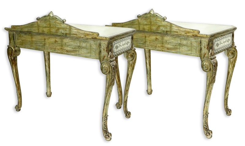 Pair of La Barge Venetian Style Mirrored, Painted, and Wood Side Tables.