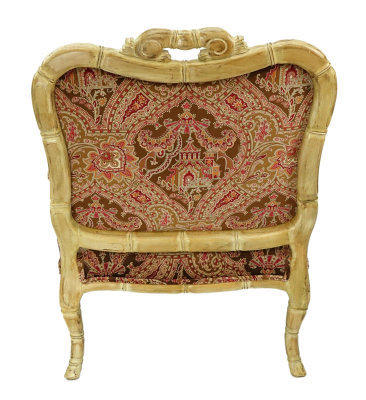 Vintage Carved Wood and Fine Custom Upholstered Fauteuil.