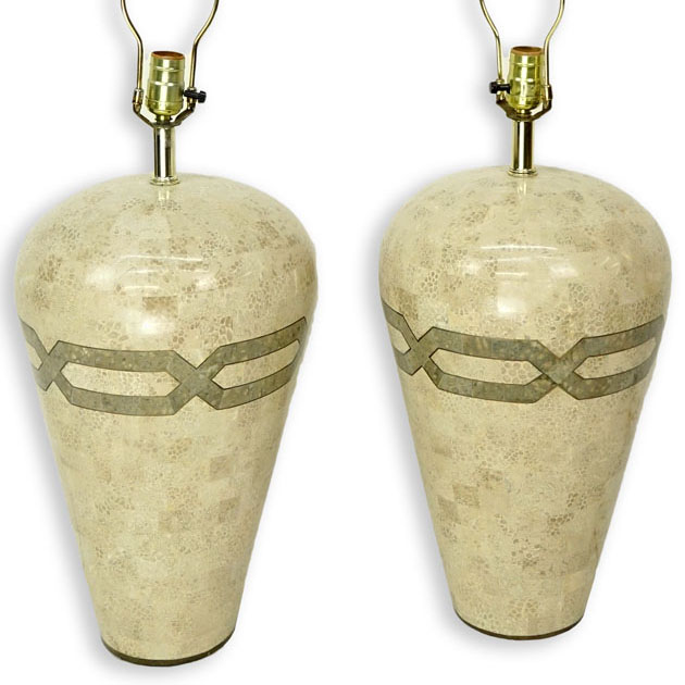 Pair of Mid Century Modern Karl Springer Style, Tessellated Stone Lamps.