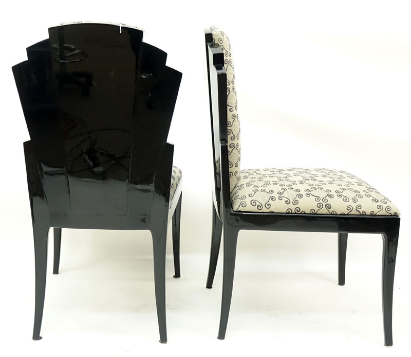 Set of Eight (8) Vladimir Kagan, American (1927 - 2016) Black Lacquer and Upholstered Side Chairs.