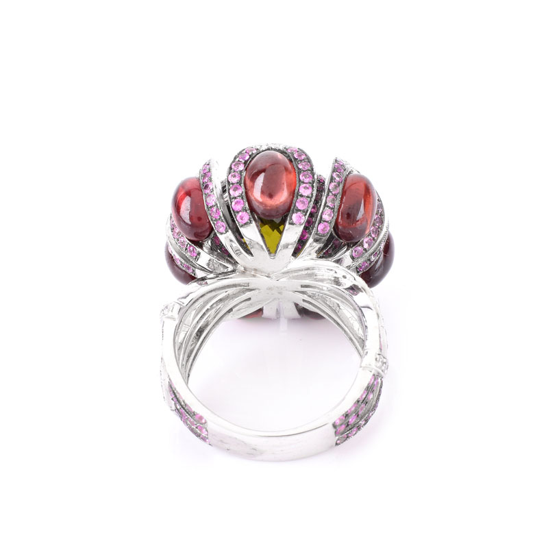 Approx. 1.60 Carat Pink Sapphire, .50 Carat Diamond, 24.0 Carat TW Garnet and Green Quartz and 18 Karat White Gold Ring. 