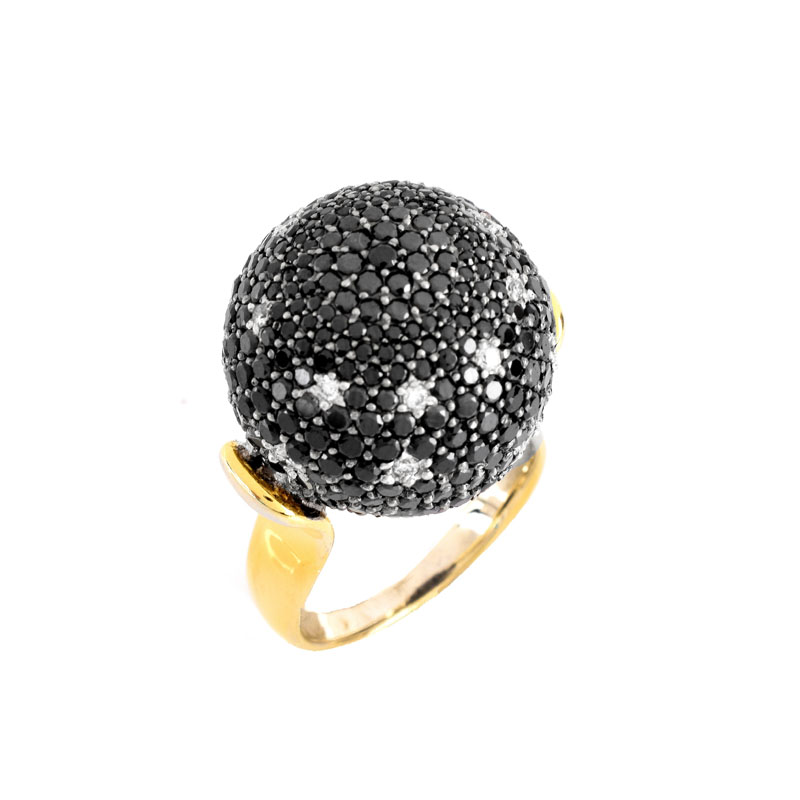Approx. 2.10 Carat Micro Pave Set Round Brilliant Cut Black and White Diamond and 18 Karat Yellow Gold Ball Ring.