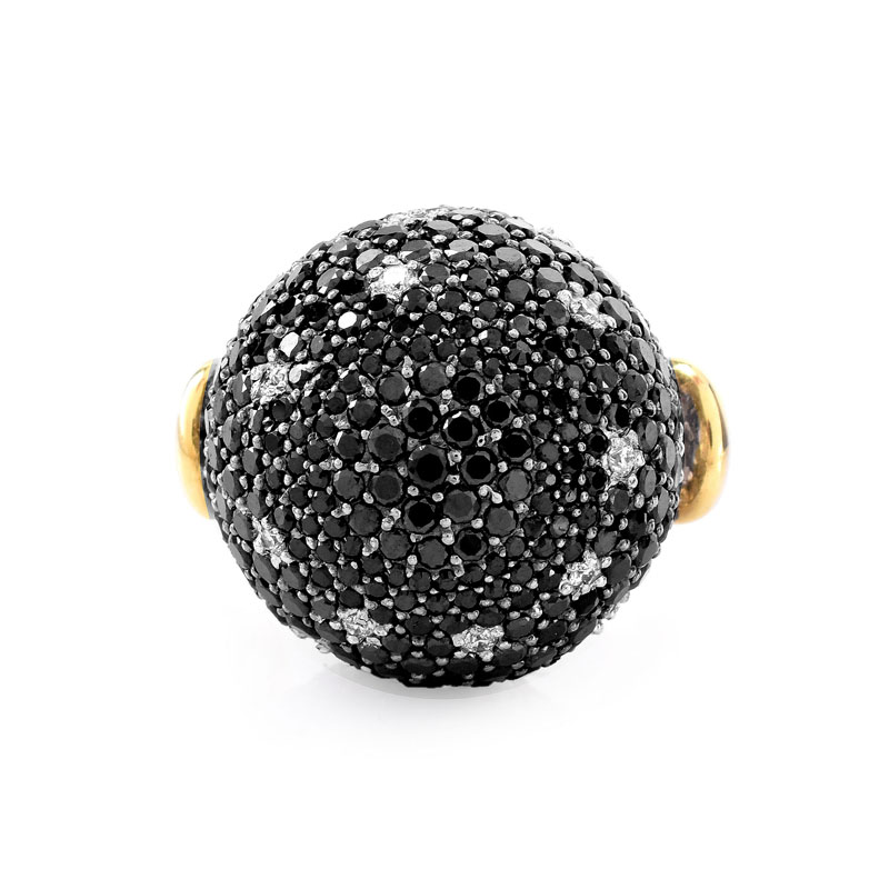Approx. 2.10 Carat Micro Pave Set Round Brilliant Cut Black and White Diamond and 18 Karat Yellow Gold Ball Ring.