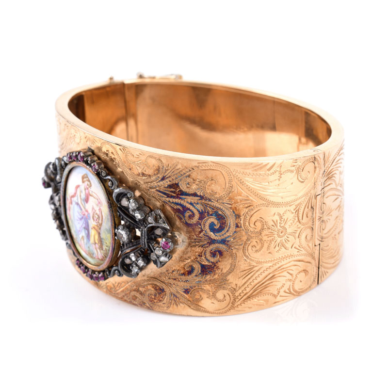 Antique 14 Karat Yellow Gold Hinged Wide Cuff Bangle with Porcelain Miniature, Diamond and Gemstone Accents. 