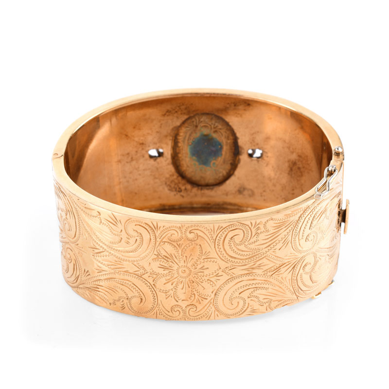 Antique 14 Karat Yellow Gold Hinged Wide Cuff Bangle with Porcelain Miniature, Diamond and Gemstone Accents. 