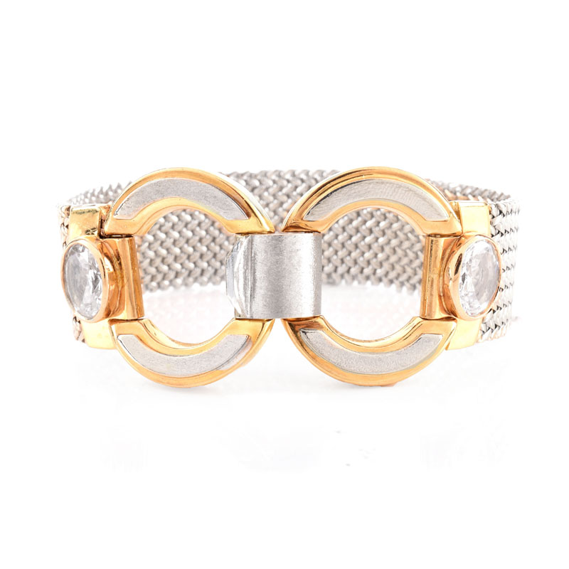Vintage Italian 18 Karat Yellow and White Gold Mesh Link Bracelet with Cubic Zirconia Accents.