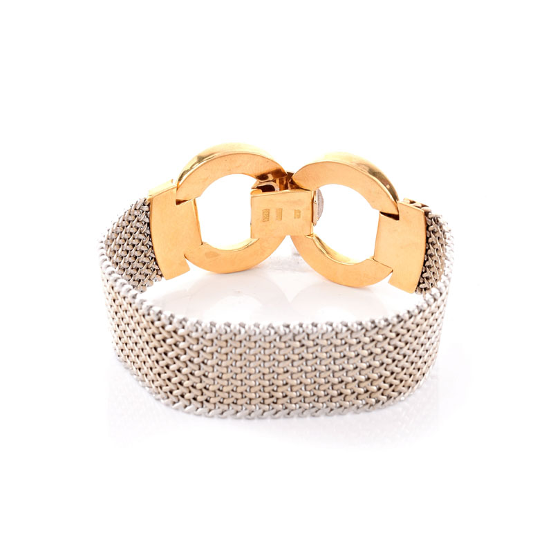 Vintage Italian 18 Karat Yellow and White Gold Mesh Link Bracelet with Cubic Zirconia Accents.