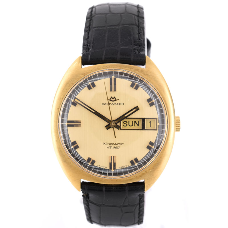 Men's Vintage Movado Kingmatic HS 360 18 Karat Yellow Gold Automatic Movement Watch with later Alligator Strap and 14 Karat Yellow Gold Buckle.
