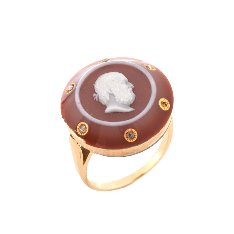 Antique Carved Carnelian, Diamond and 14 Karat Yellow Gold Ring.