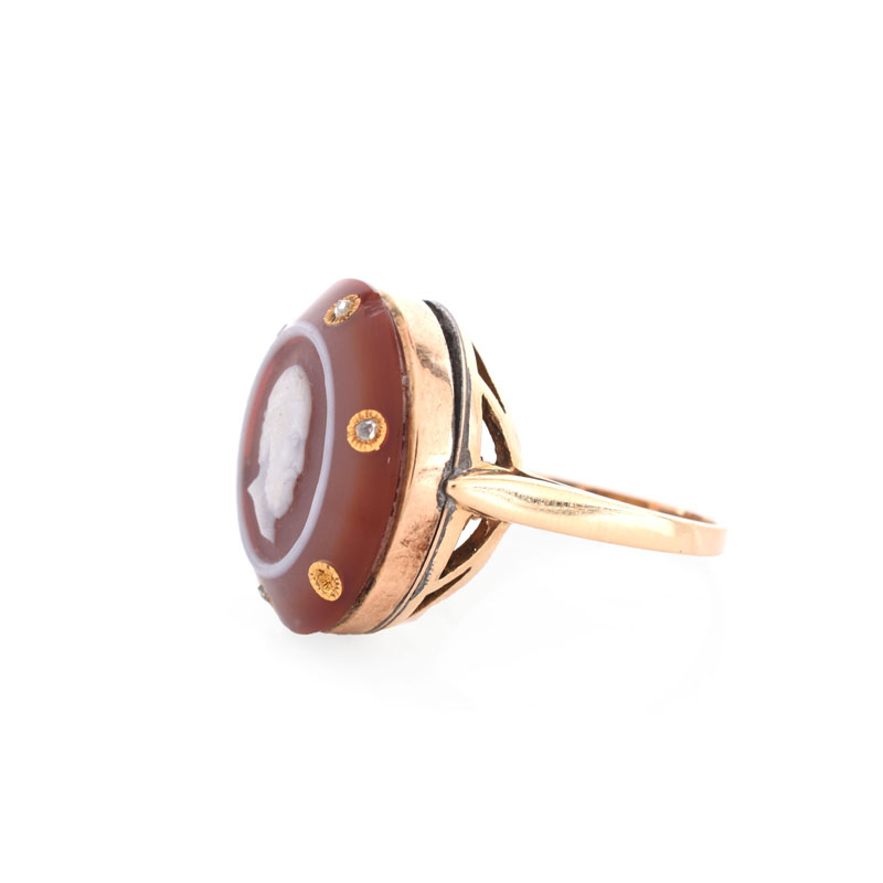 Antique Carved Carnelian, Diamond and 14 Karat Yellow Gold Ring.