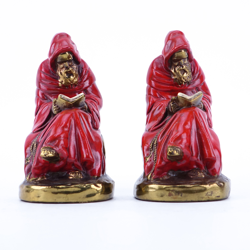 Pair of Marion Bronze Co. Gilt Bronze-Clad and Polychrome, Robed Monk Reading, Figural Bookends.