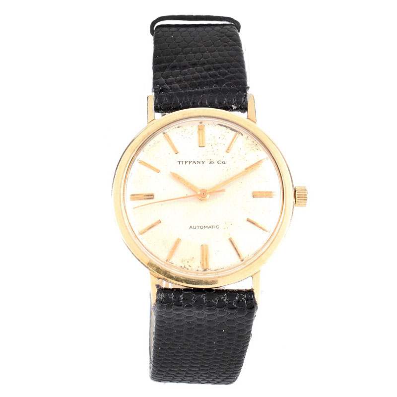 Man's Vintage Tiffany & Co 14 Karat Yellow Gold Automatic Movement Watch with Lizard Strap, Stamped 14K.