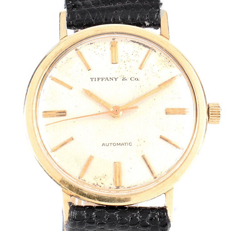 Man's Vintage Tiffany & Co 14 Karat Yellow Gold Automatic Movement Watch with Lizard Strap, Stamped 14K.