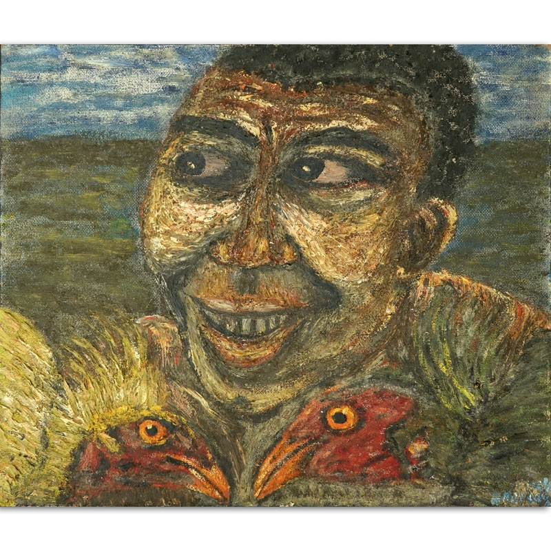 Henri Merceron, Haitian (20th century) Oil on Masonite, Portrait of a Male with Roosters.