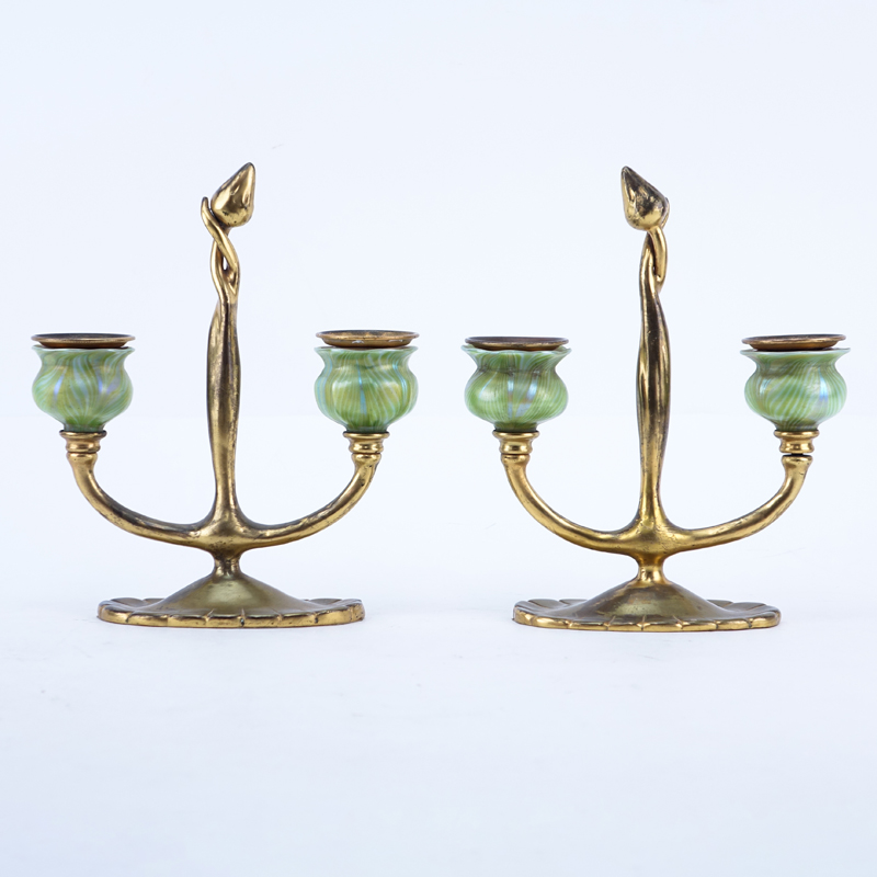 Pair of Tiffany Studios New York, Gilt-Bronze Two Light Candelabras with Hand Blown Favrile Glass Uni Form Cups #1230.