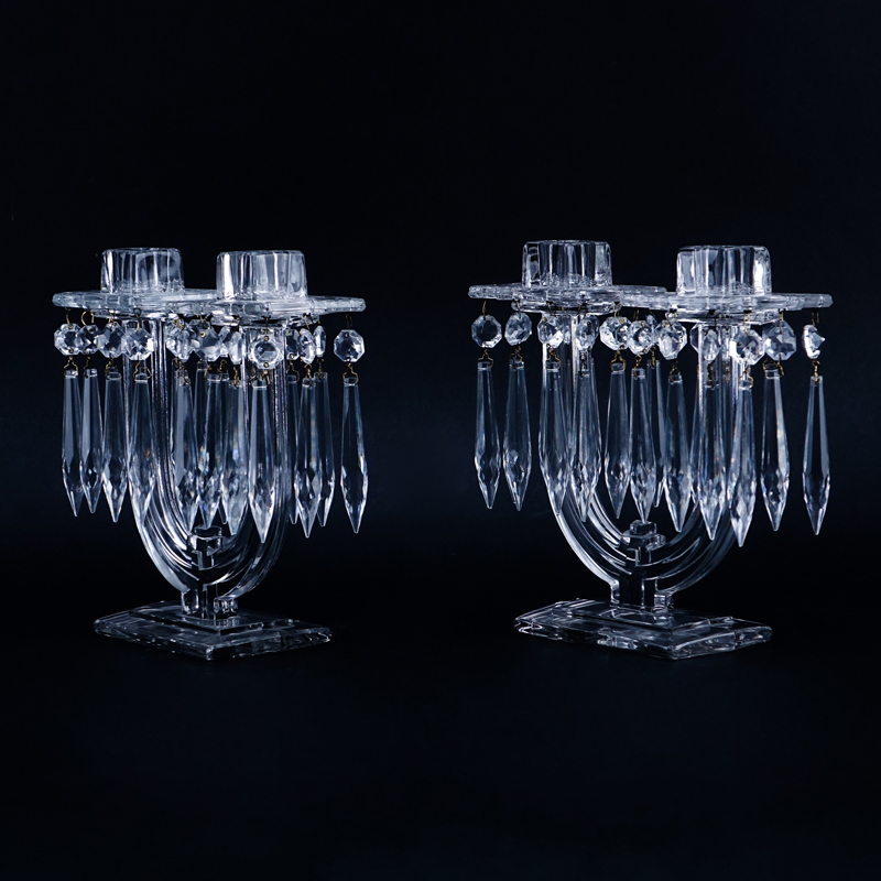 Pair of Heisey New Era Two Light Glass Candlesticks with Hanging Prisms.