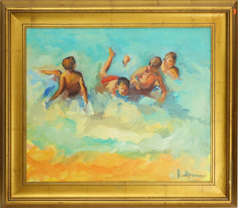 20th Century Oil on Canvas, Day at the Beach, Signed Sporn Lower Right.