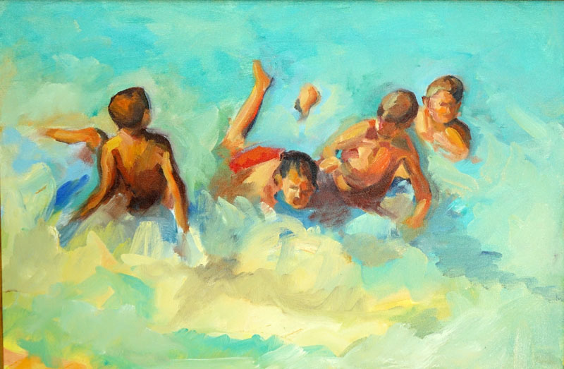 20th Century Oil on Canvas, Day at the Beach, Signed Sporn Lower Right.