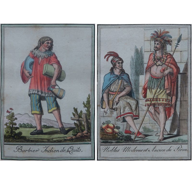 Pair of Antique Hand Colored Engravings. Includes: "Barbier Indien de Quito" and "Nobles Moderne et Ancien du Perou". 