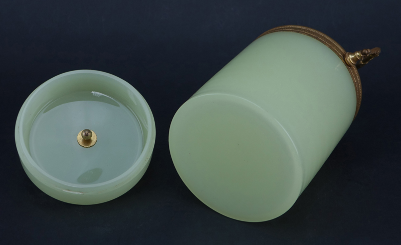 Art Nouveau French Green Opaline Glass and Brass Covered Box.