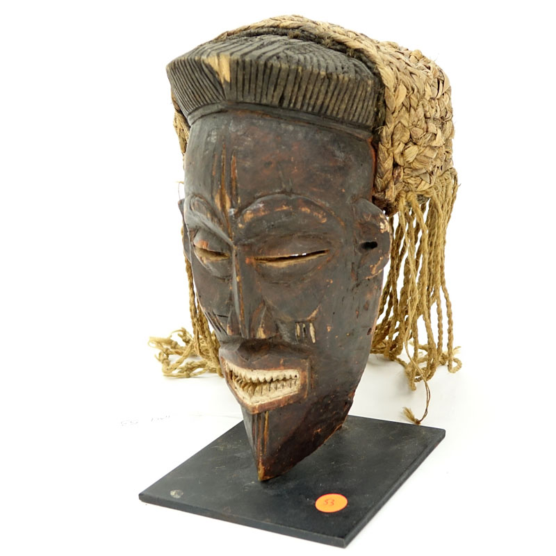 Antique or Later African Chokwe Mask with Headdress on Fitted Metal Stand.