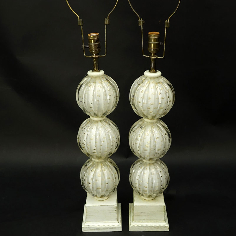 Pair Of Mid Century Italian Hand Blown Venetian Murano Stacked Ball Art Glass Lamps Kodner