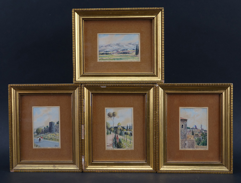 Four (4) S. Rosen, Israeli (20th Century) Miniature Framed Watercolors of  Landscape Scenes. 