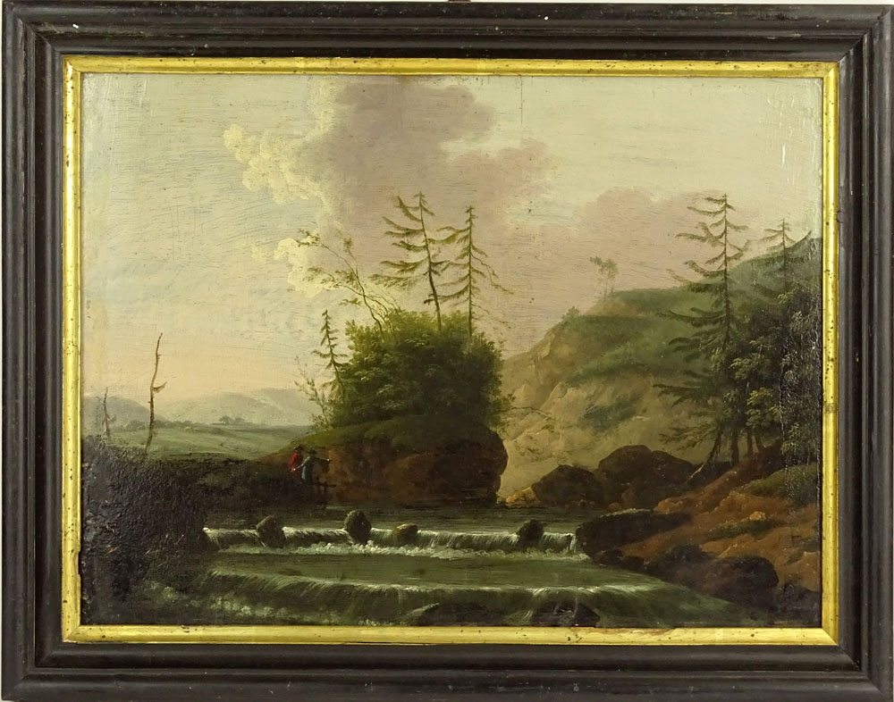 after: Marco Ricci, Italian (1676-1729) Oil on Cradled Panel "Landscape With Figures Along A Steam". 