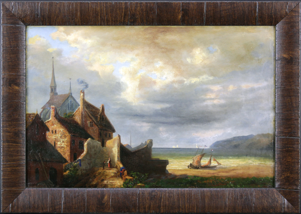 19th Century French School Oil On Canvas "Coastal Village Scene". 