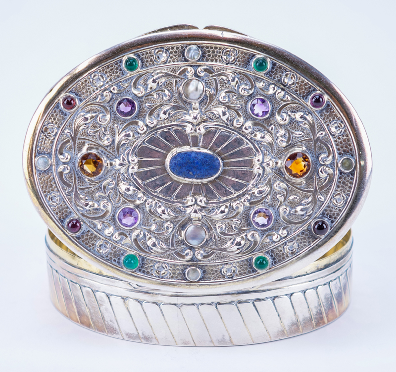 Antique 800 Silver Oval Jeweled Box. Vermeil rim, bottom and interior.