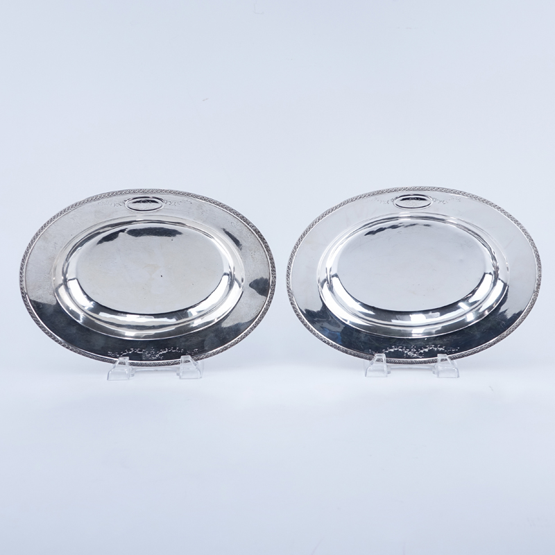 Pair Brand-Chatillon Sterling Silver Oval Serving Bowls. Decorated with Vitruvian scroll rim, monogram in cartouche.