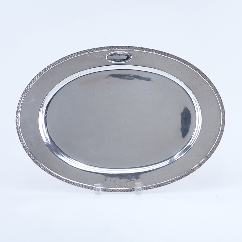 Brand-Chatillon Sterling Silver Oval Platter. Decorated with Vitruvian scroll rim, monogram in cartouche.