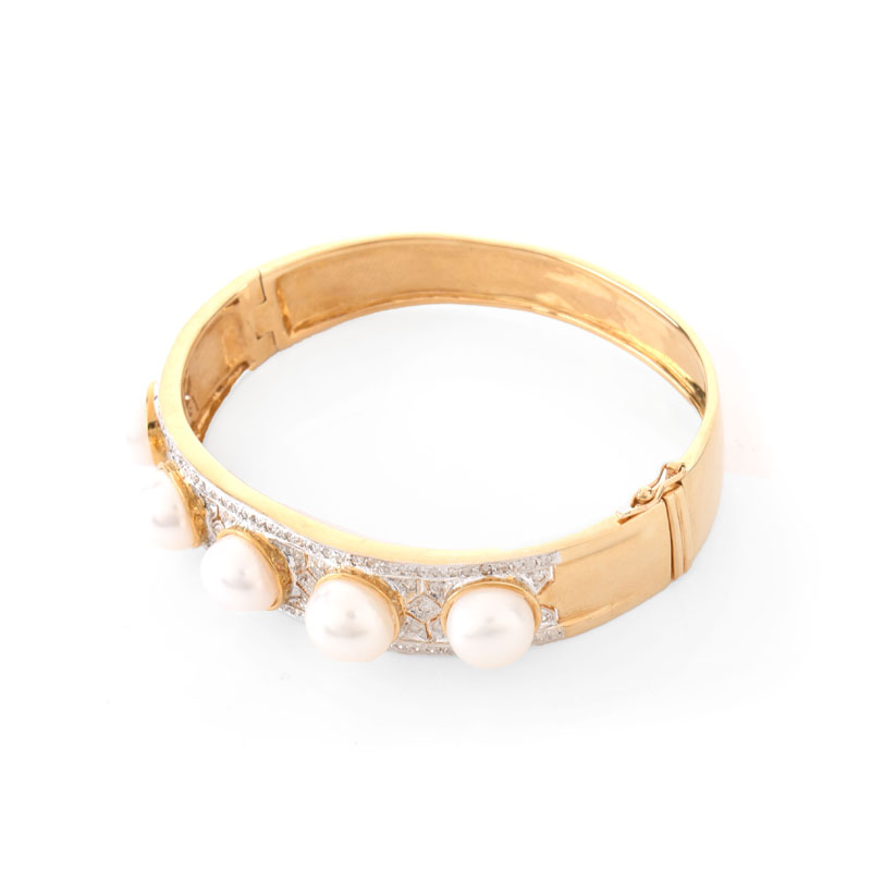 Micro Pave Set Diamond, Pearl and 14 Karat Yellow Gold Hinged Bangle Bracelet.