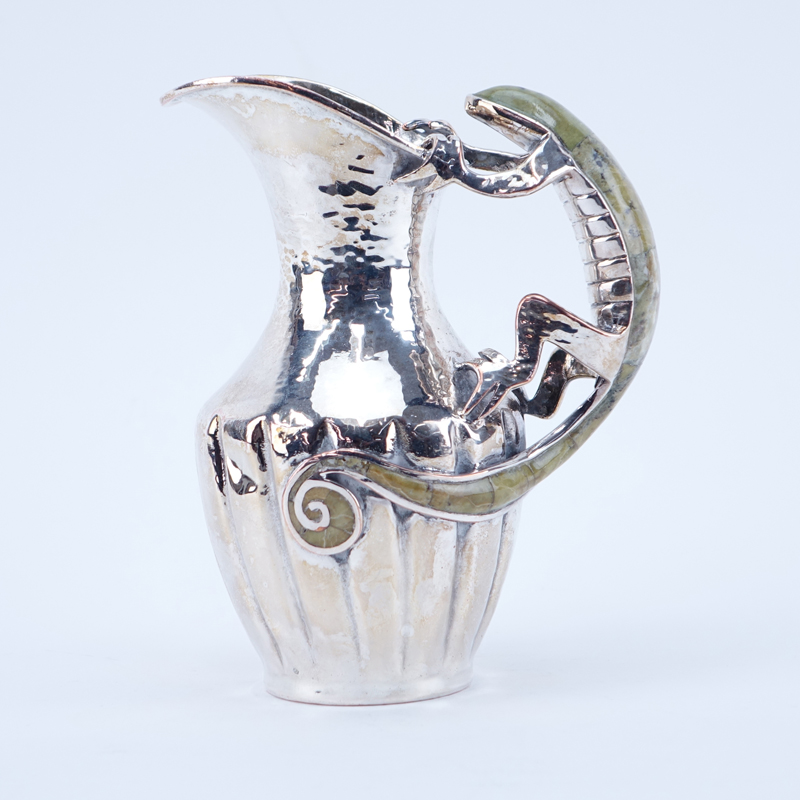 Mexican Silver Plated Pitcher With Inlay Stone Lizard Handle.