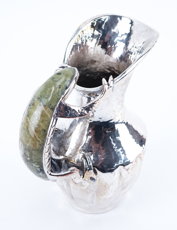 Mexican Silver Plated Pitcher With Inlay Stone Lizard Handle.