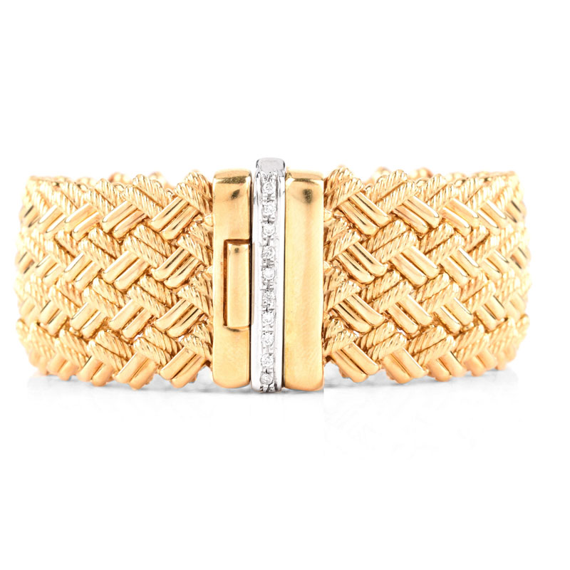 Italian 18 Karat Yellow Gold and Diamond Mesh Link Bracelet. Stamped ...
