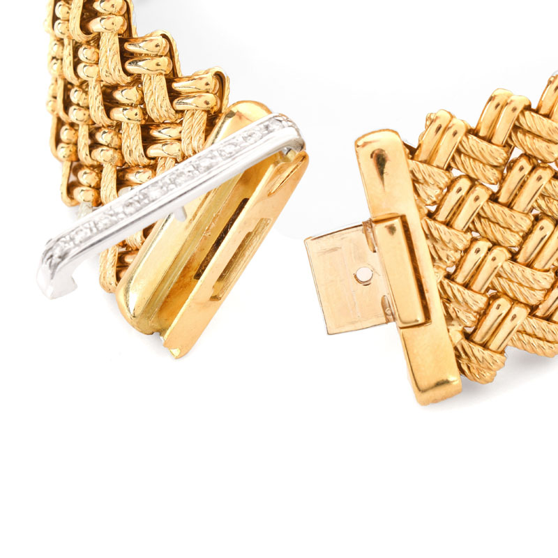 Italian 18 Karat Yellow Gold and Diamond Mesh Link Bracelet. Stamped 18K Italy. Very good condition.