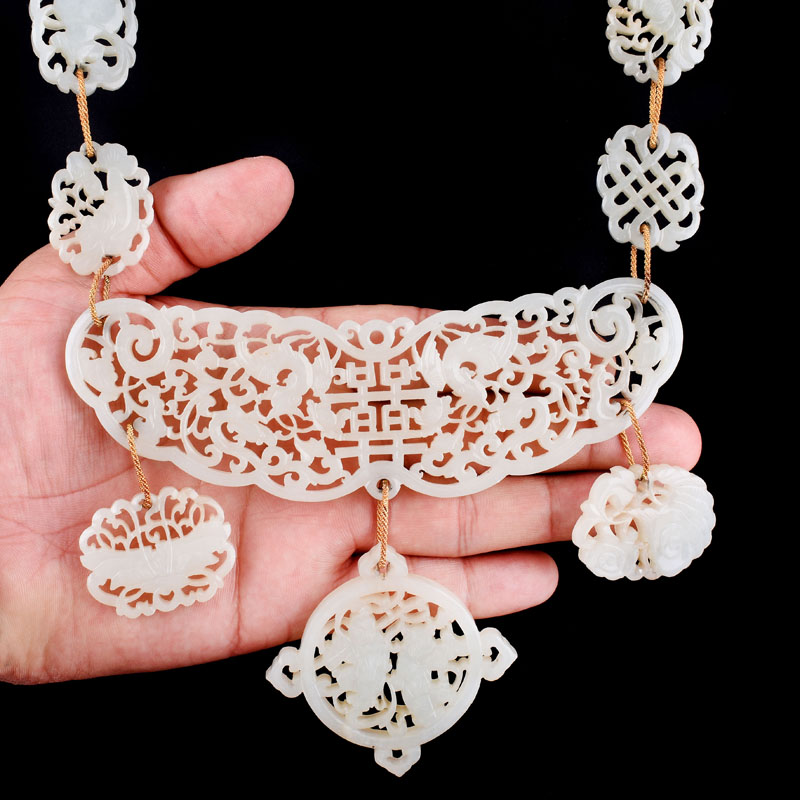 Important Antique Chinese Openwork Carved White Jade and (later) 14 Karat Yellow Gold Necklace and Pendant Earring Suite.